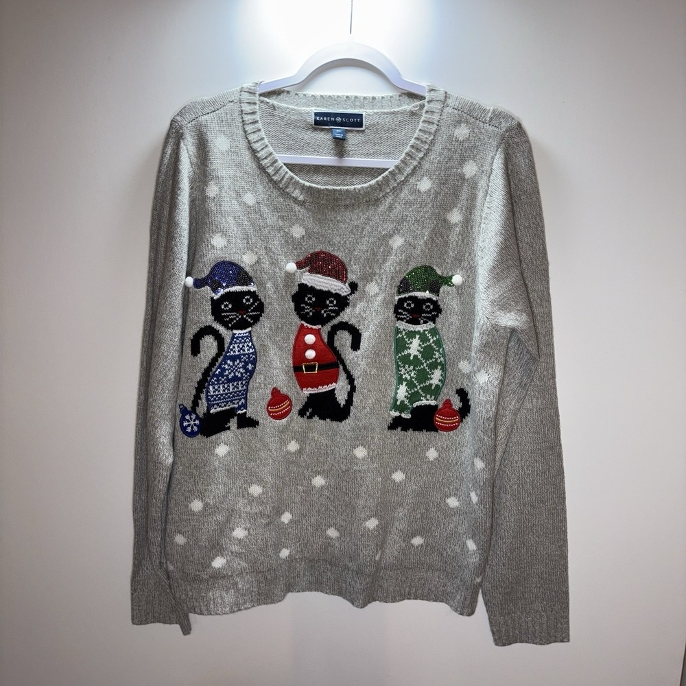 Karen Scott Women's Christmas Cat Sweater Size XL Ugly Grandmacore Holiday Novel